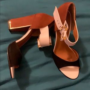 Brown & Black Chunky Heels with White Buckle